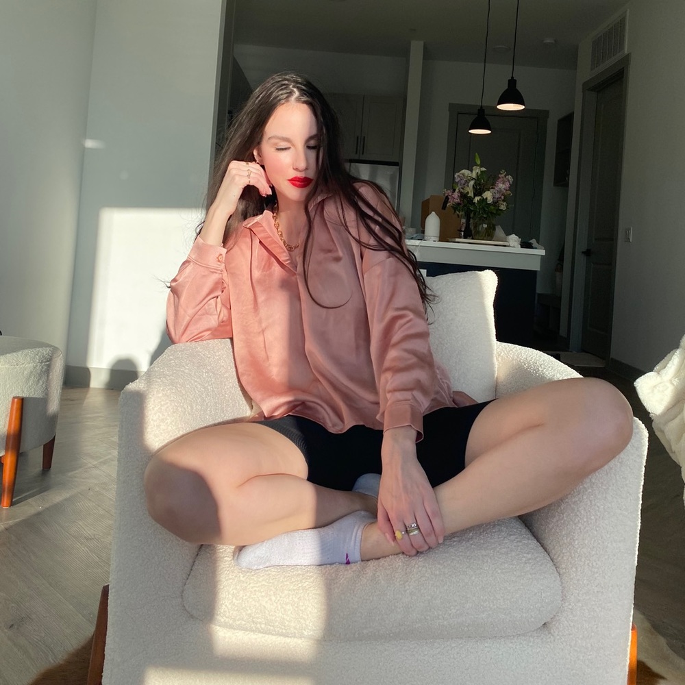 Pink Loose Fitting Satin Shirt, Blush Silk Like Satin Shirt, Luxury Satin Blouse